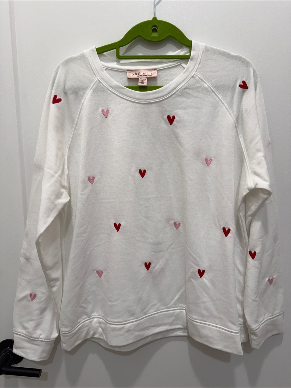 Philosophy White Crewneck Sweater with Red and Pink Heart Motif